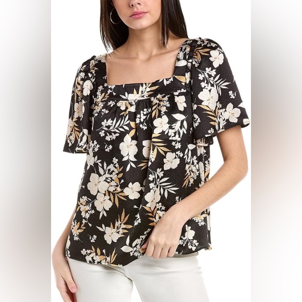 Draper James Black and Cream Floral Blouse